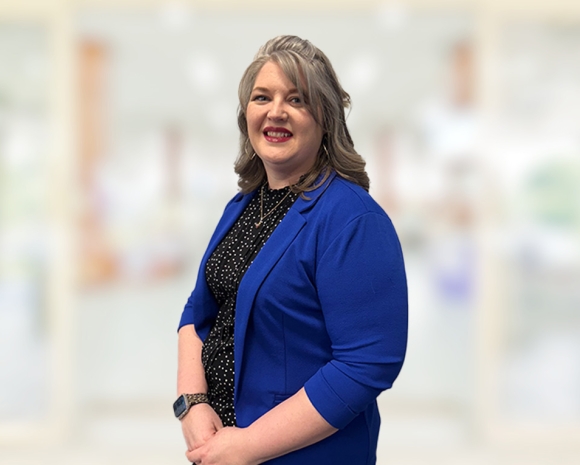 woman with blue jacket