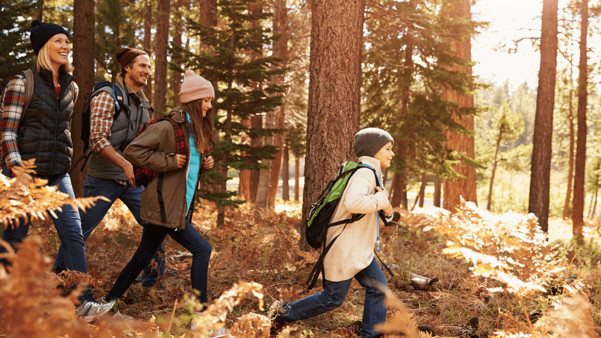 Mother, father, and two children hiking in autumn woods