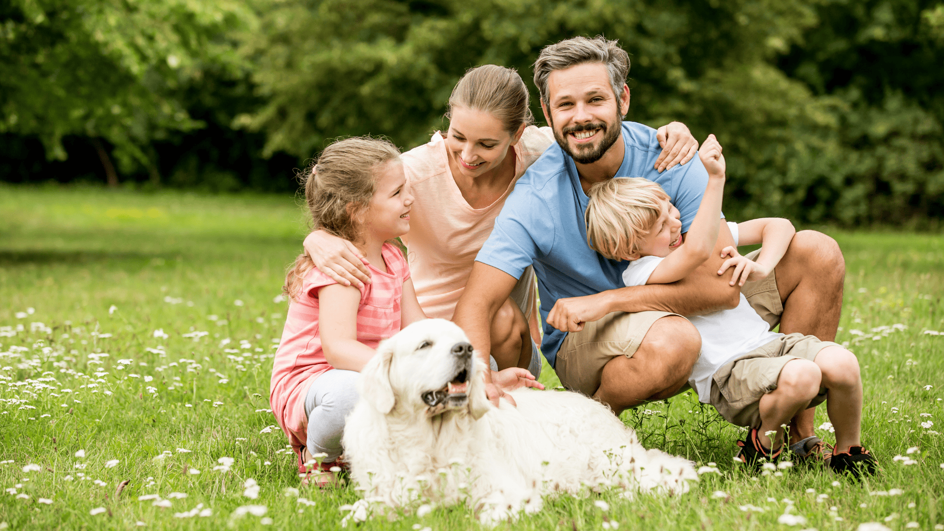Mother, father, son, and daughter in a field with a dog